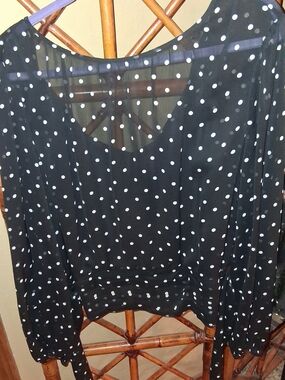 LWhite House Black Market Black and White Polka Dot Blouse With Tie